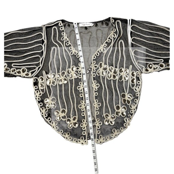 Simply Couture Cardigan Black Mesh Gold Sequined Flutter Sleeves‎ Open Front S - Picture 11 of 11